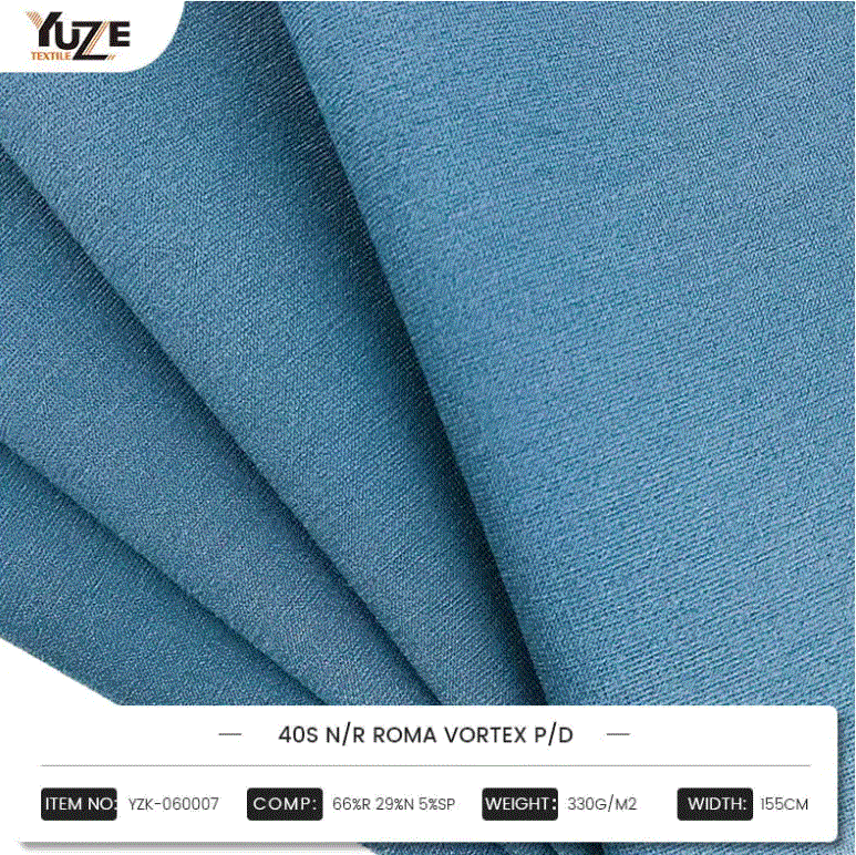 YZK-060007 40S N/R Roma Vortex P/D: Ang pagsasama-sama ng mga timpla ng mataas na pagganap ng rayon, naylon at spandex, teknolohiya ng pag-ikot ng vortex vortex ay lumilikha ng isang matibay at komportableng pagpili ng fashion